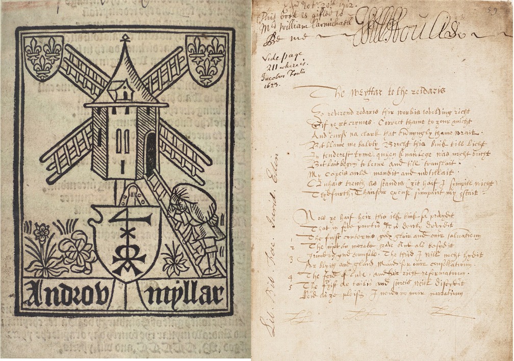 ‘Device of Androw Myllar’ from the Chepman and Myllar prints (left) and ‘Wryttar to the reidaris’ in the Banatyne Manuscript, f. 59 (right). National Library of Scotland, CC BY-SA.