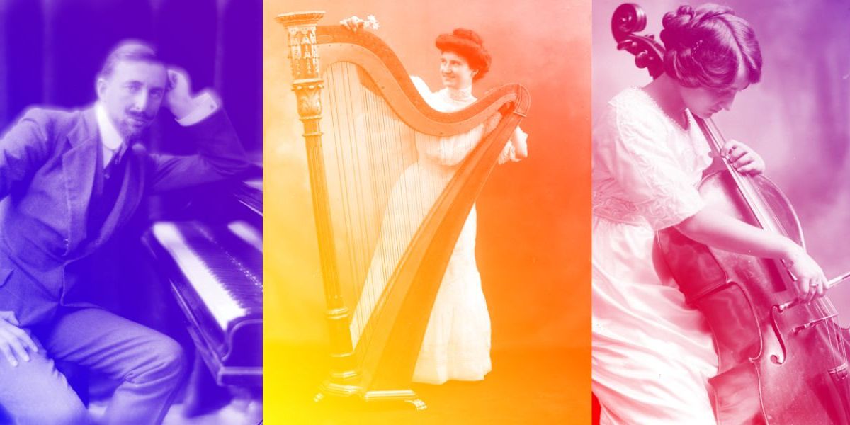 Photographs of people playing classical instruments, overlaid with colours