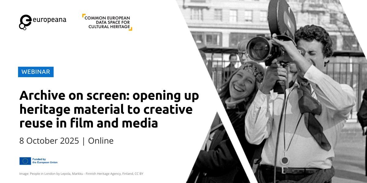 Two people film with a vintage camera; text promotes a heritage media webinar on 8 October 2025.