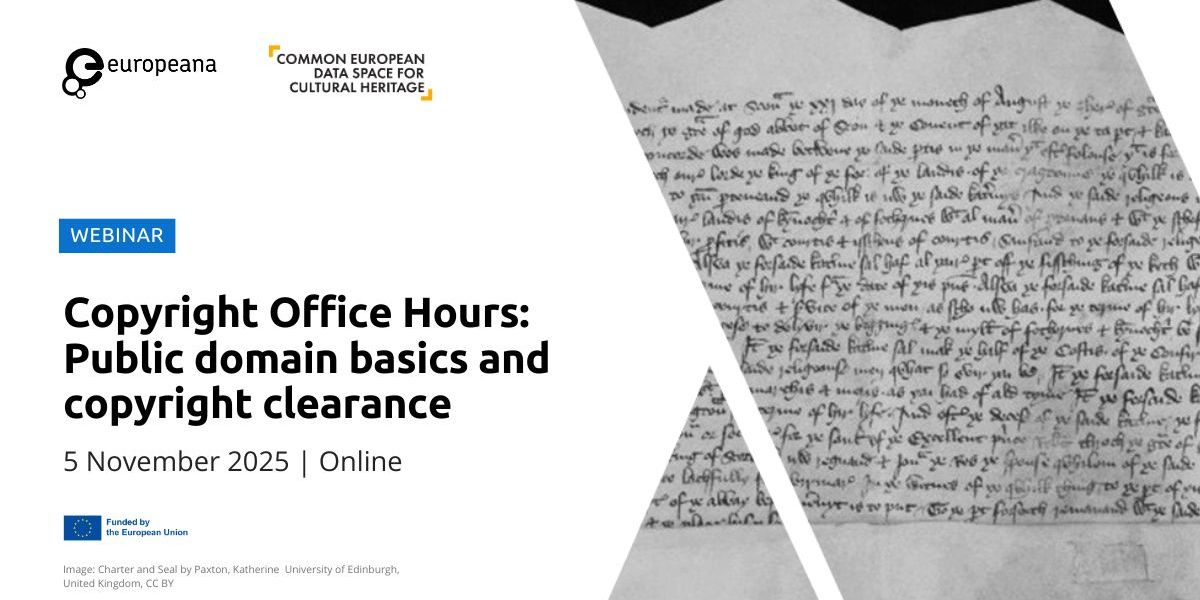 Webinar banner: "Copyright Office Hours—Public domain basics and copyright clearance, 5 Nov 2025, Online.