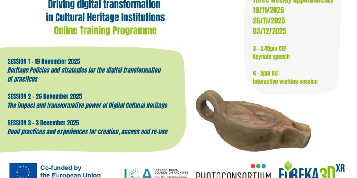 Poster for an online training on digital transformation in cultural heritage with dates and an ancient oil lamp image.