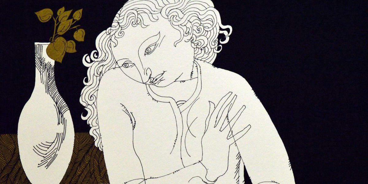 Line drawing of a person with curly hair beside a vase of leaves on a table, set against a dark background.