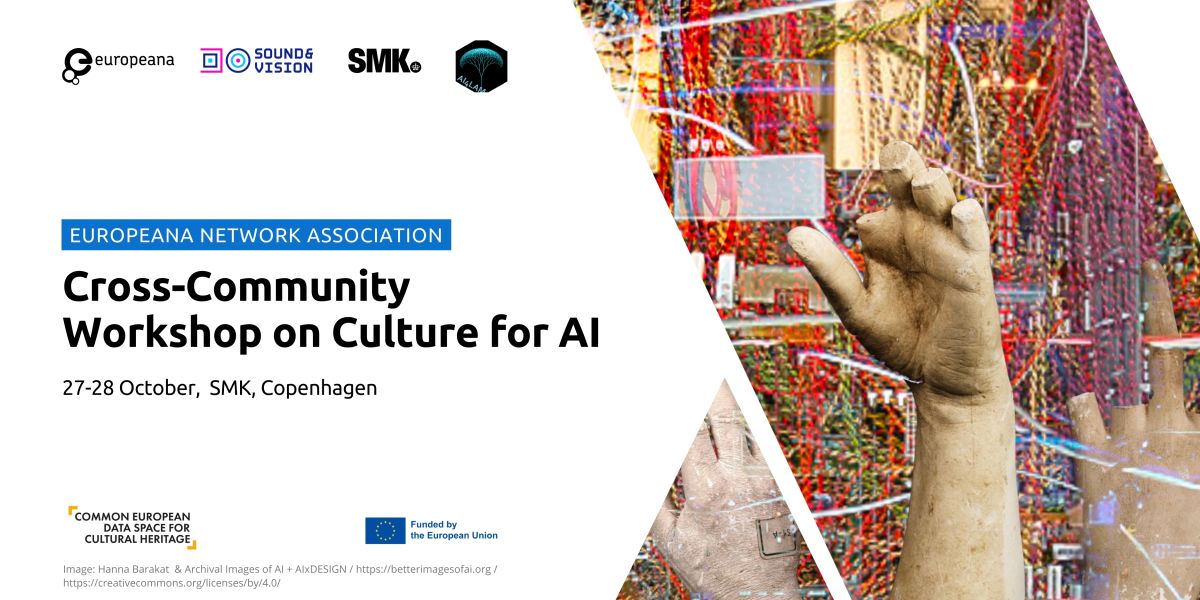 Banner for "Cross-Community Workshop on Culture for AI," 27-28 Oct, SMK Copenhagen, with a raised hand sculpture.