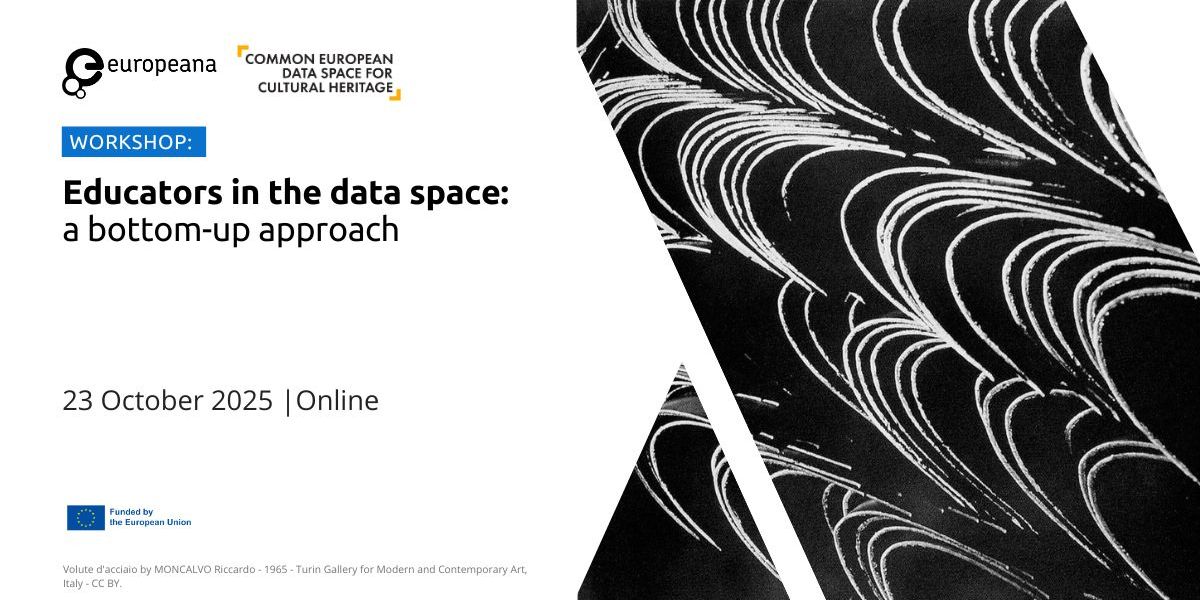 Abstract black-and-white artwork with curved white lines, alongside text promoting an online workshop titled “Educators in the data space: a bottom-up approach,” scheduled for 23 October 2025. 