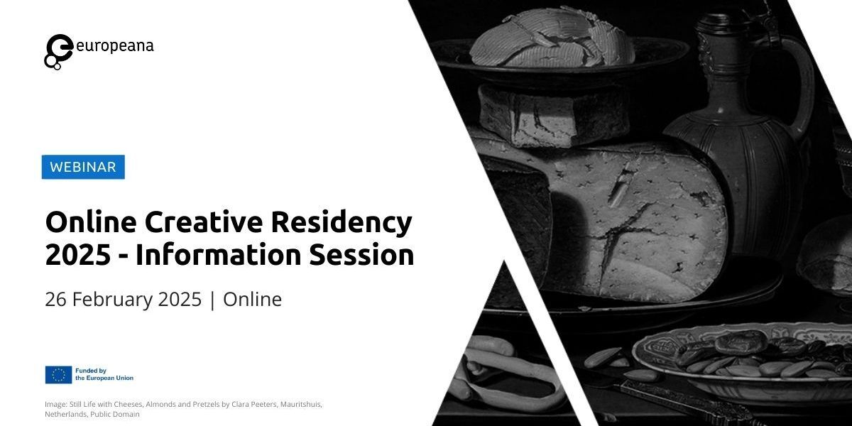 Creative Online Residency 2025 - Information Session. 26 February 2025. Online. Text overlaying an image of cheese, almonds and pretzels