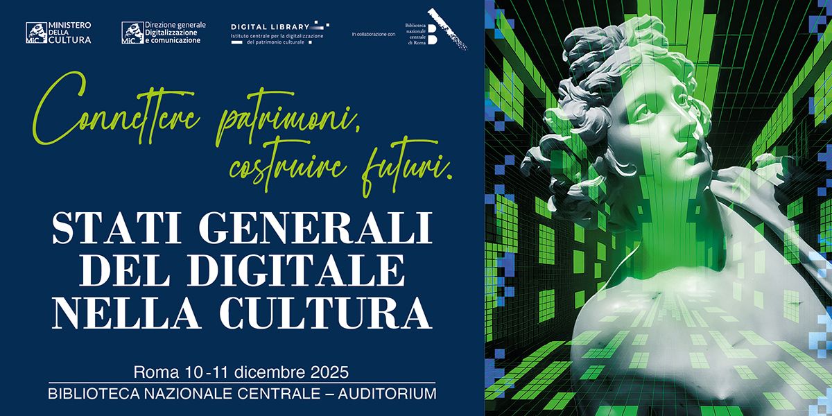 Event banner in Italian, with a photo of a sculpture superimposed over a digital background