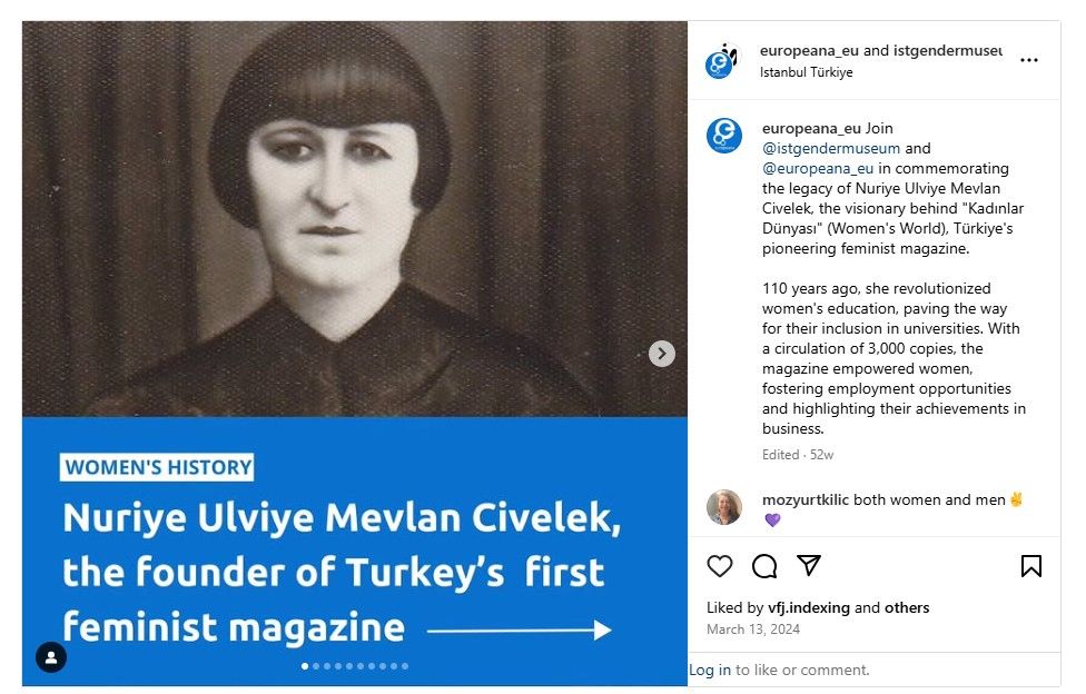 An Instagram post of Ulviye Mevlan Civelek, the founder of Turkey&#039;s first feminist magazine