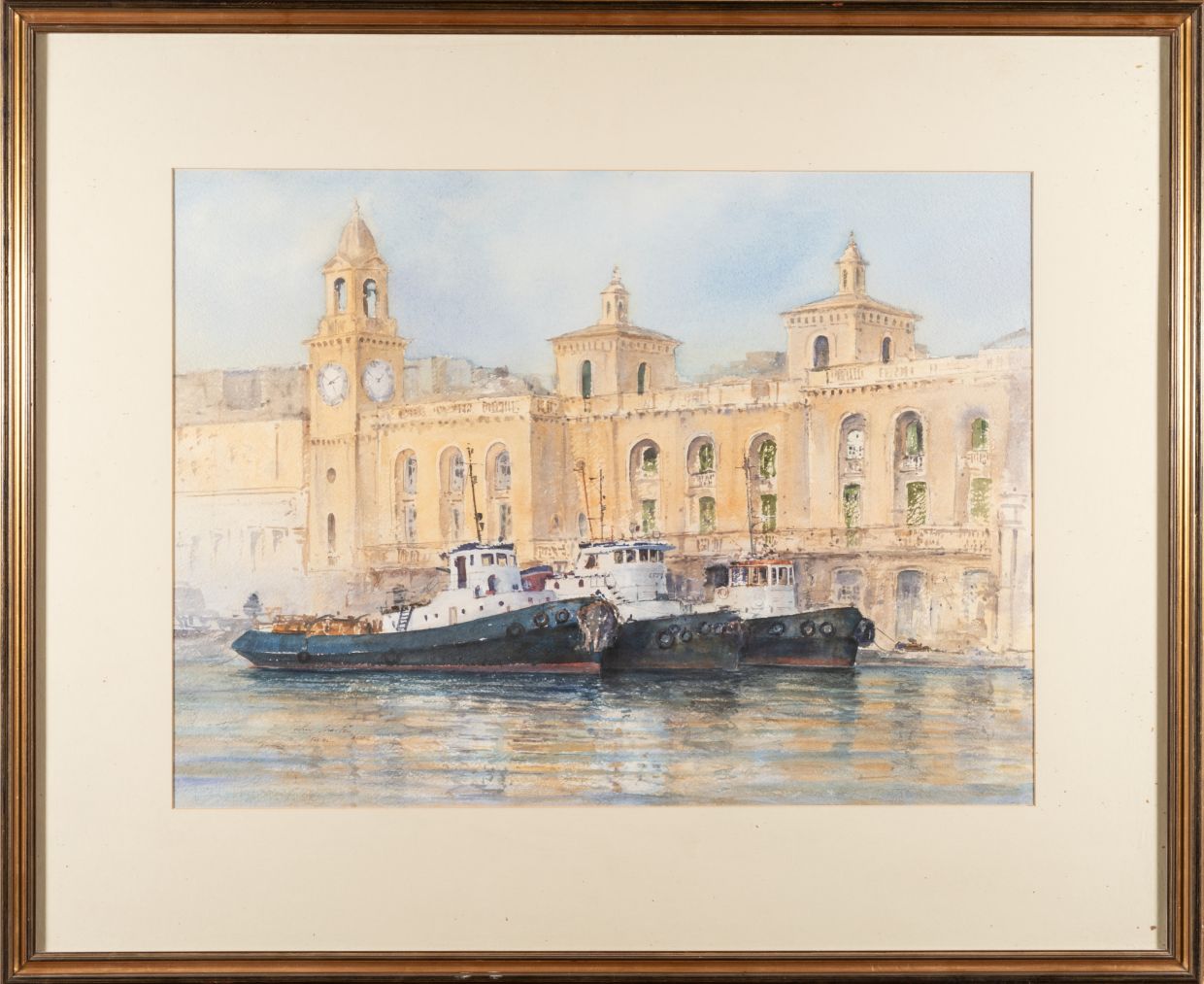 A watercolour painting depicting the Ex-Royal Naval Bakery and three tug boats