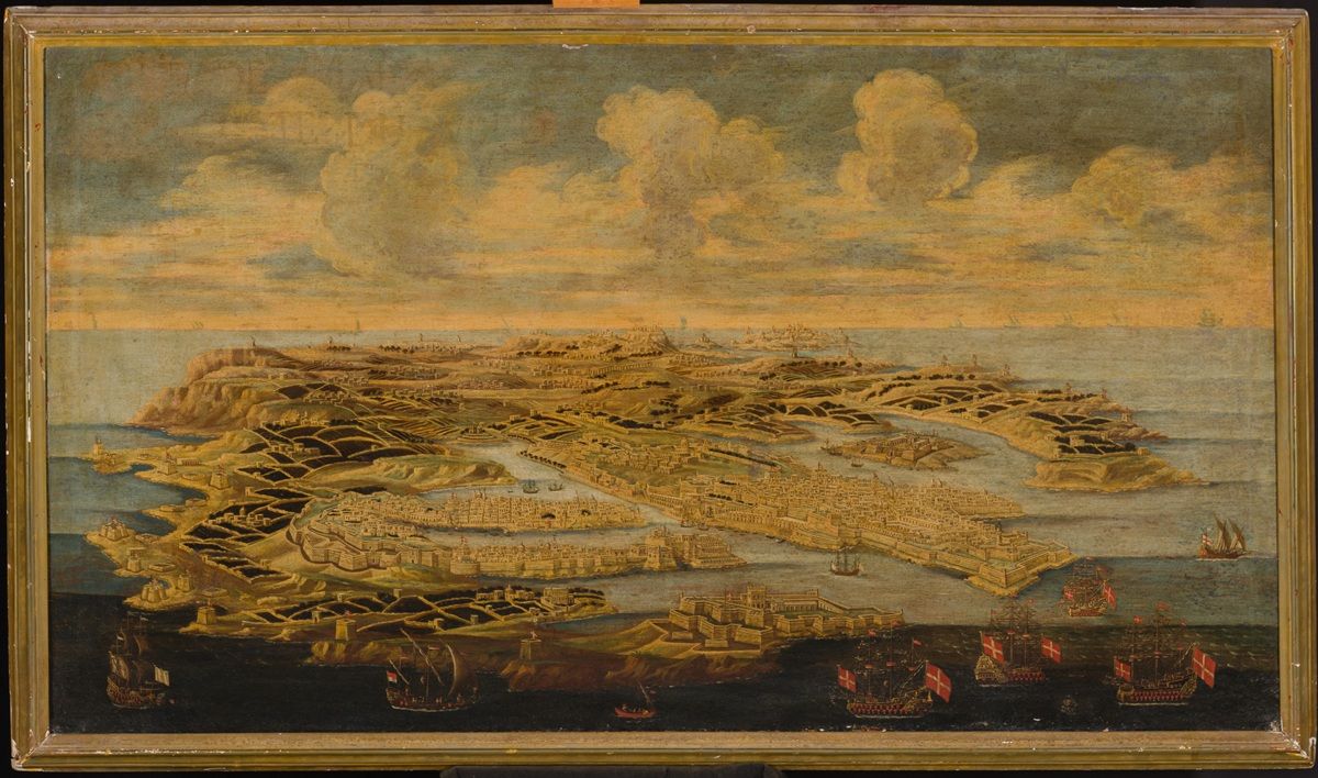 Birds Eye view of Malta with its Harbour and Fortifications