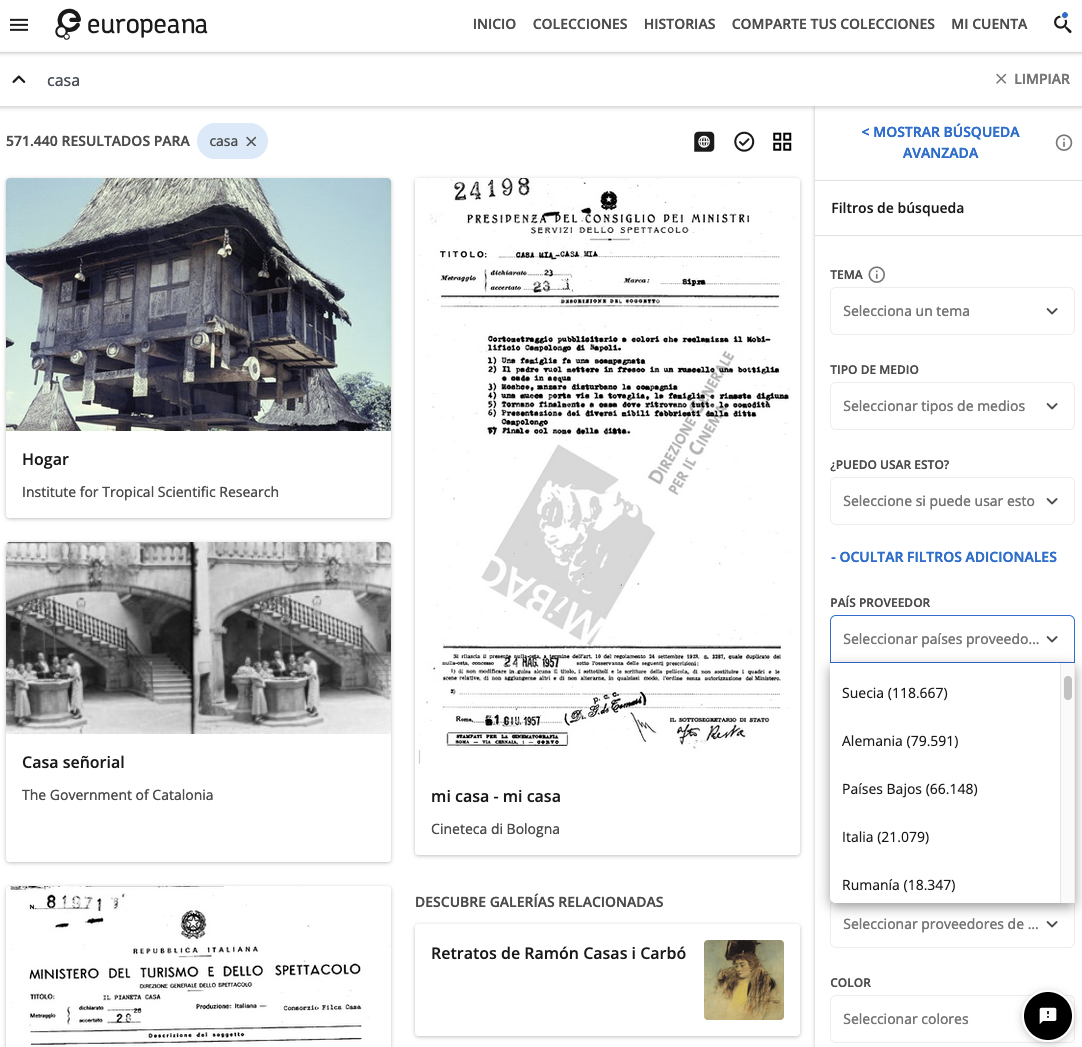The results for a search for casa on the Spanish version of Europeana.eu when when multilingual search is activated, demonstrating that more results are served. 
