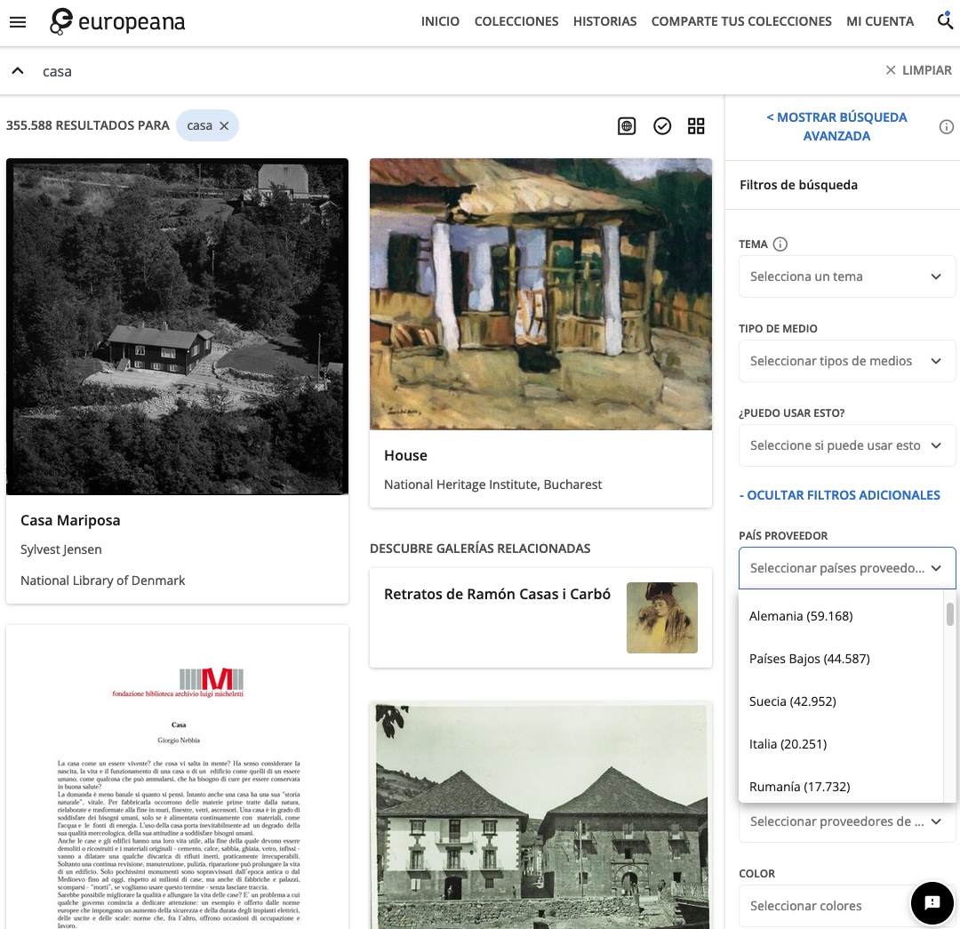 The results for a search for casa on the Spanish language version of Europeana.eu without multilingual search