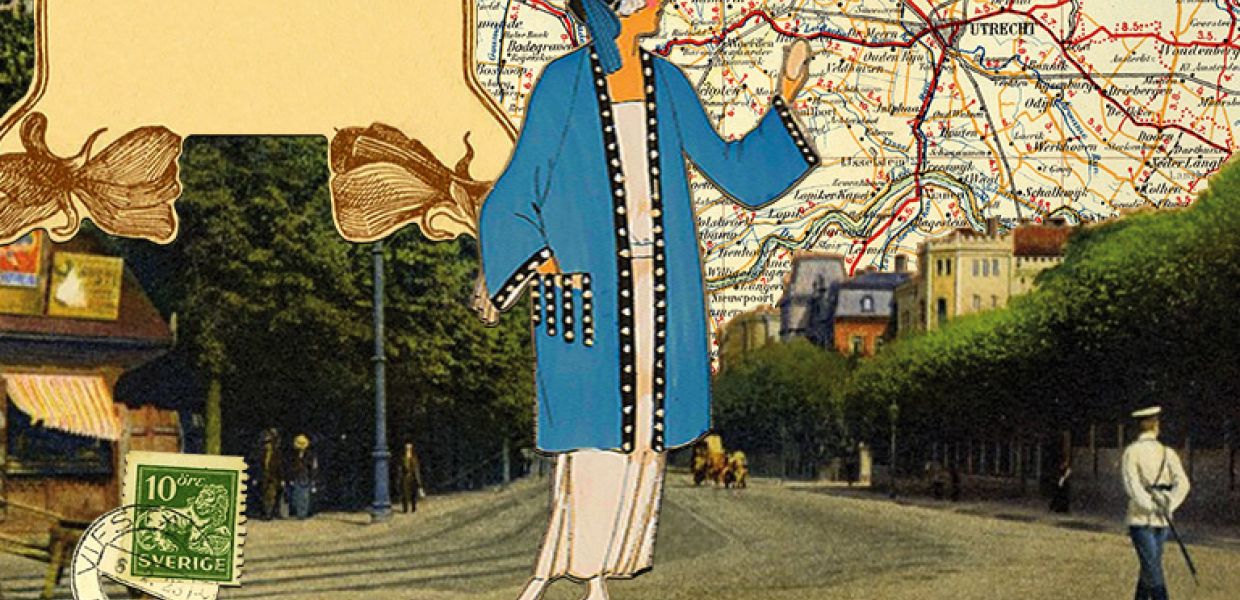 Collage showing maps, a postcard of Riga’s Todlebenboulevard, flowers, a fashion silhouette and a stamp