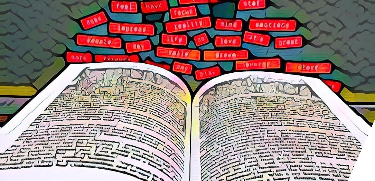 An open book on it, with red words in labels floating on top