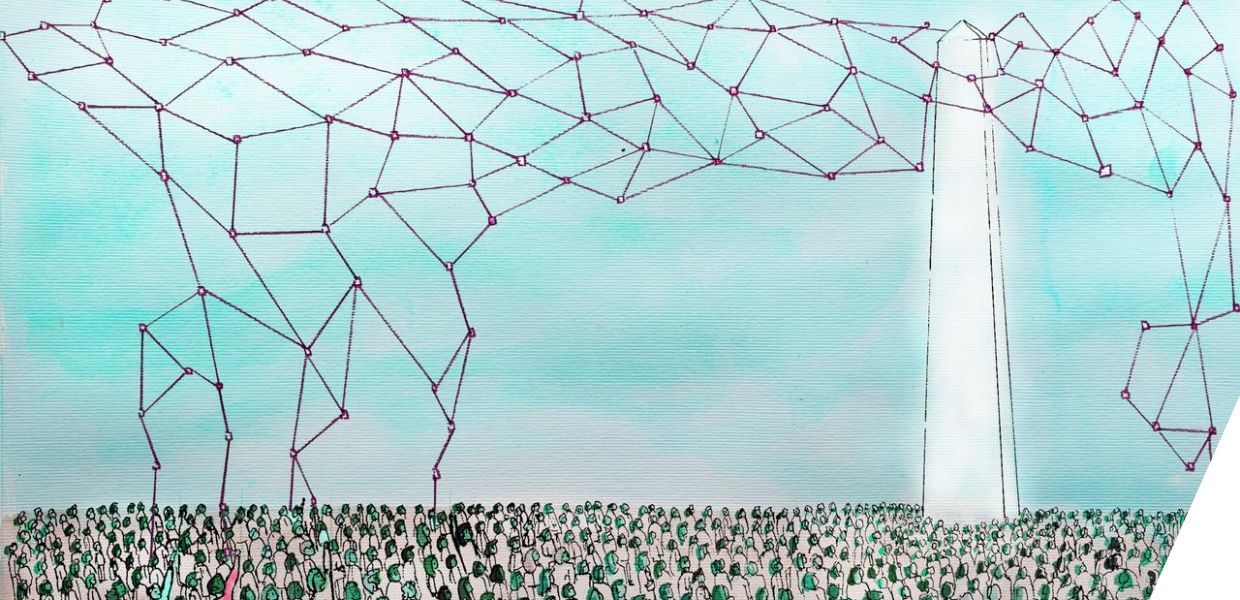 A neural network comes out of the top of an ivory tower, above a crowd of people's heads (shown in green to symbolise grass roots). Some of them are reaching up to try and take some control and pull the net down to them. Watercolour illustration.