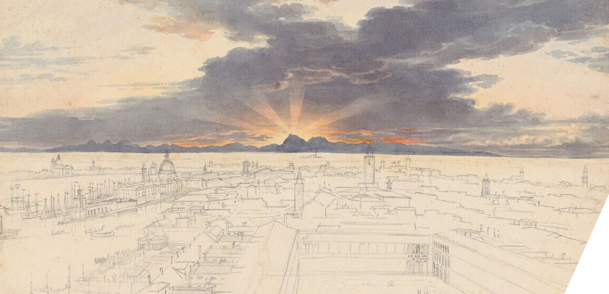 In the distance, dramatic mountains and a cloudy sky. In the foreground, a sketch of a city scape. 