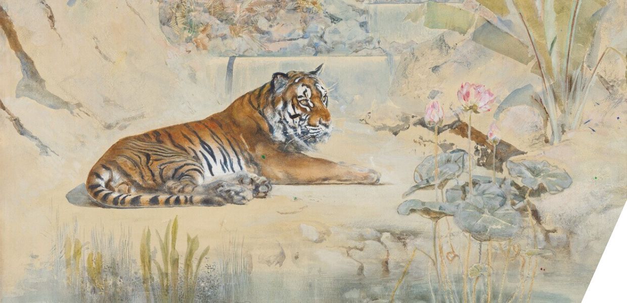 A tiger lying beside wild flowers and a small lake