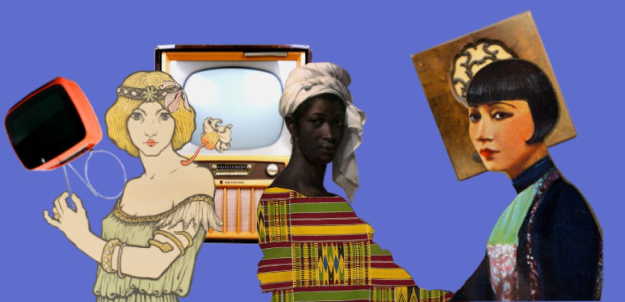 Collage of three women, with a wireless and television in the background