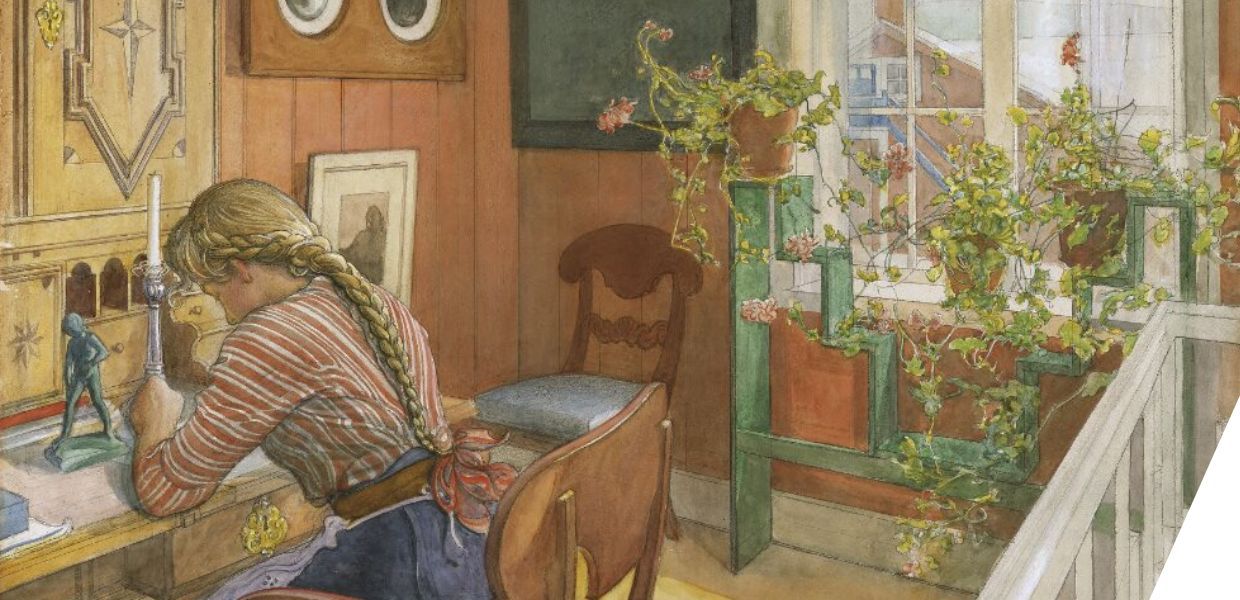 A girl with braided hair writes at a desk in a cozy, sunlit room filled with plants and decorated with warm wooden furniture and wall art.