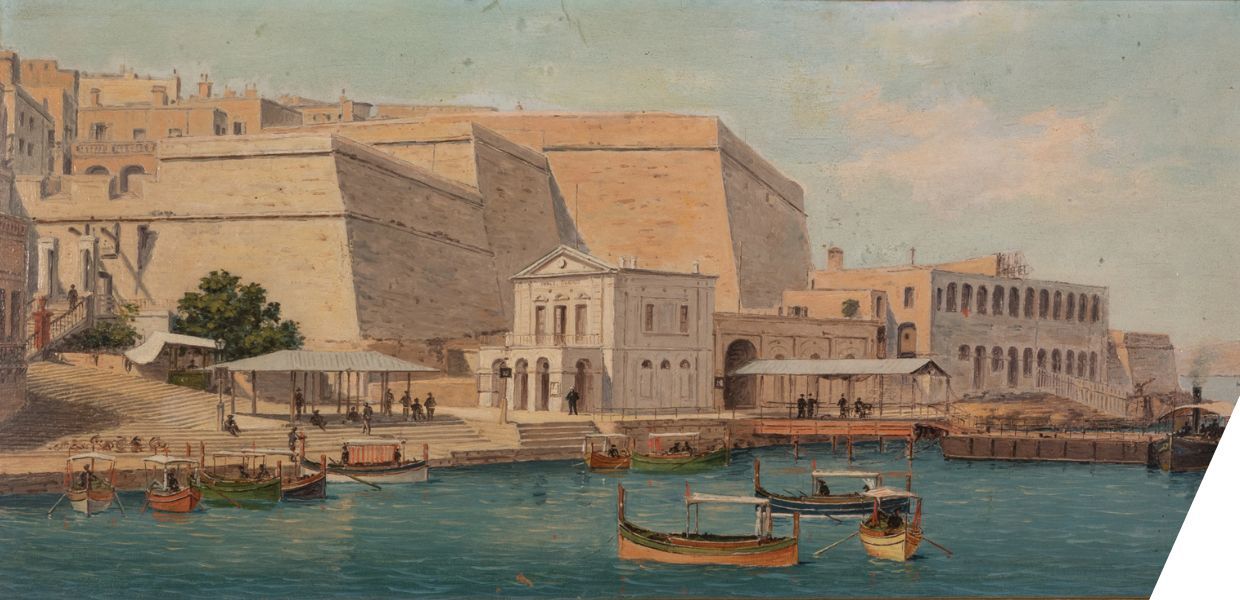 A historical painting of a coastal port scene with small wooden boats floating on calm blue water, surrounded by classical buildings and large stone fortifications.