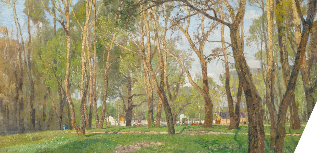 This painting shows a peaceful forest scene with tall, thin trees and sunlight filtering through the leaves. In the background, there are small buildings, hinting at a nearby village. 