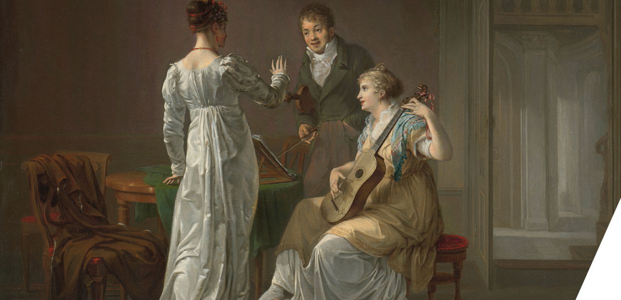 an interior with a view through to another space. Above the door is a marble relief of the Greek god Apollo playing his lyre. The two women are practising a duet for guitar and voice under the direction of their music teacher.