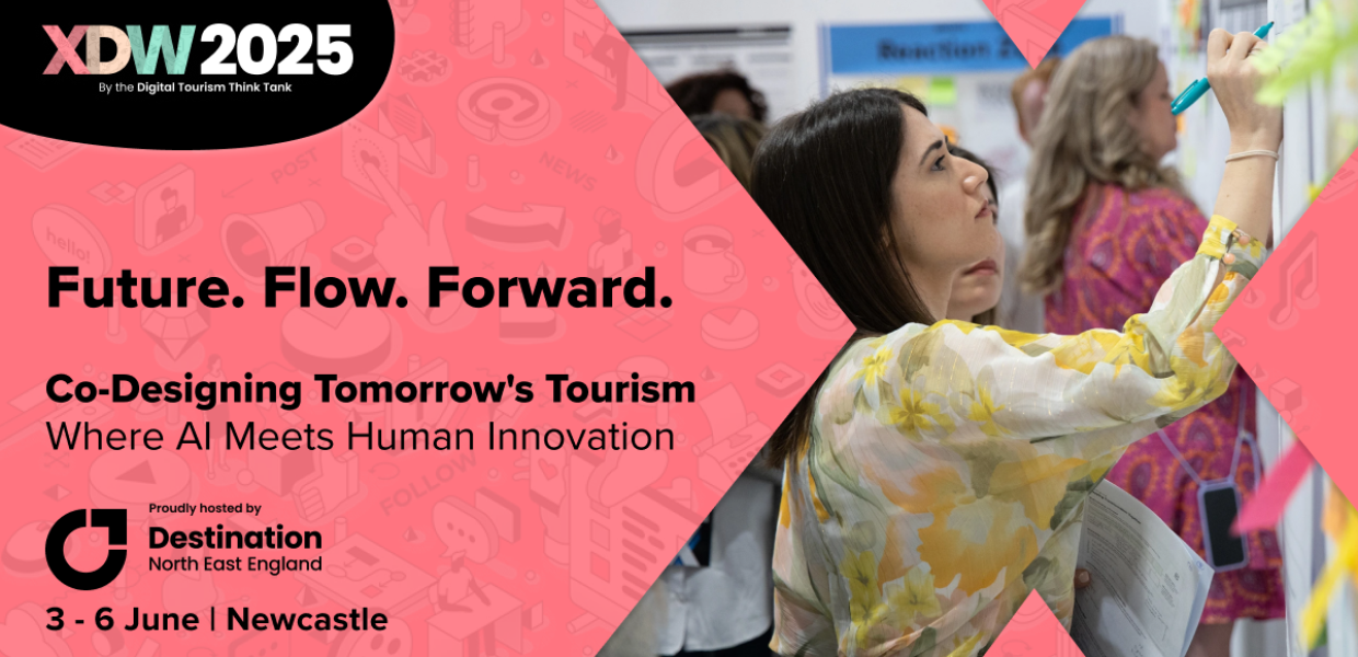 Promotional banner for XDW 2025, themed "Future. Flow. Forward. Co-Designing Tomorrow’s Tourism – Where AI Meets Human Innovation," hosted in Newcastle. The image shows a woman writing on a wall during a workshop.
