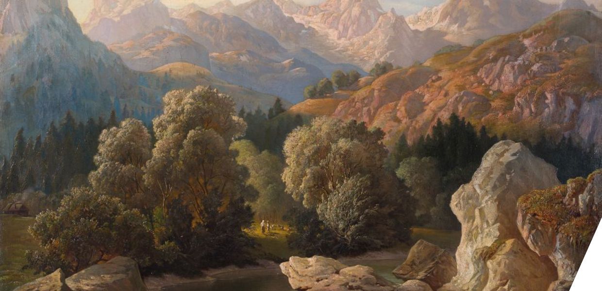 A painted mountain landscape with trees, rocky hills, and a river under a bright sky.