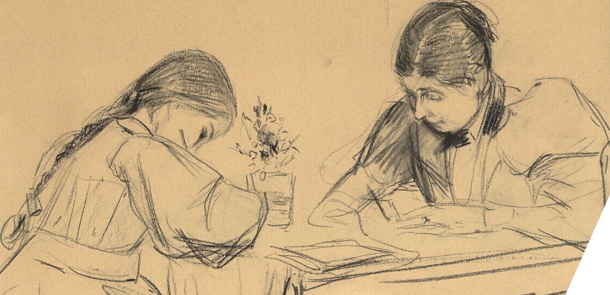 Sketch of two women sitting at a table, writing, with a small vase of flowers between them.