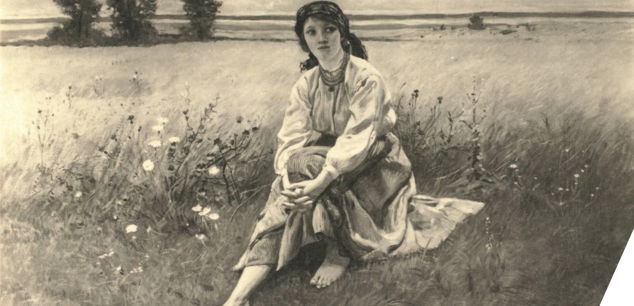 A young woman in old-fashioned dress sits barefoot in a grassy field with wildflowers, trees in the distance.