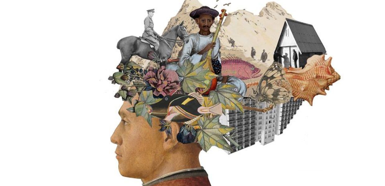 A man’s profile with his head filled with images of nature, buildings, people, animals, and cultural objects.