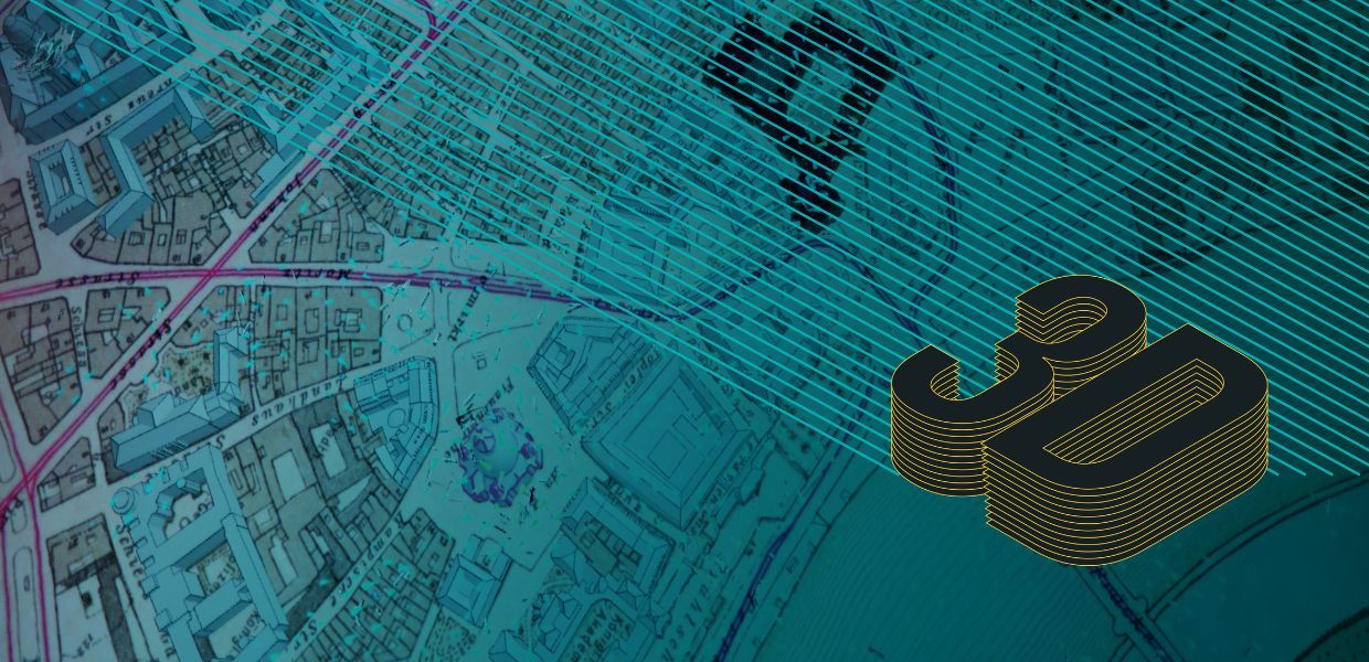 Abstract map with teal and blue lines, overlaid by a black and gold stylized "3D" text in the lower right corner.