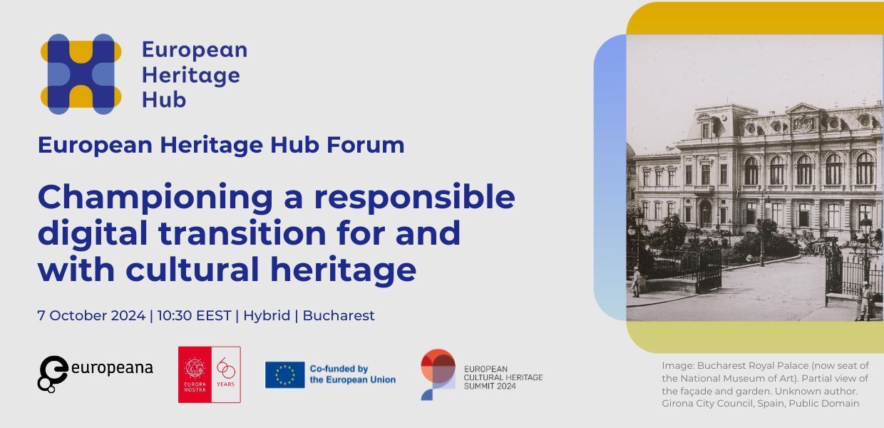 Event imagery - European Heritage Hub Forum: Championing a responsible digital transition for and with cultural heritage - showing an image of Bucharest Royal Palace Facacde and gardens