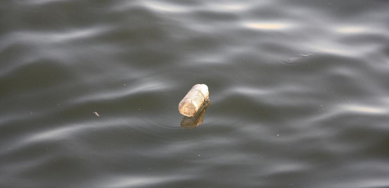 A plastic bottle floats on the surface of a body of water.