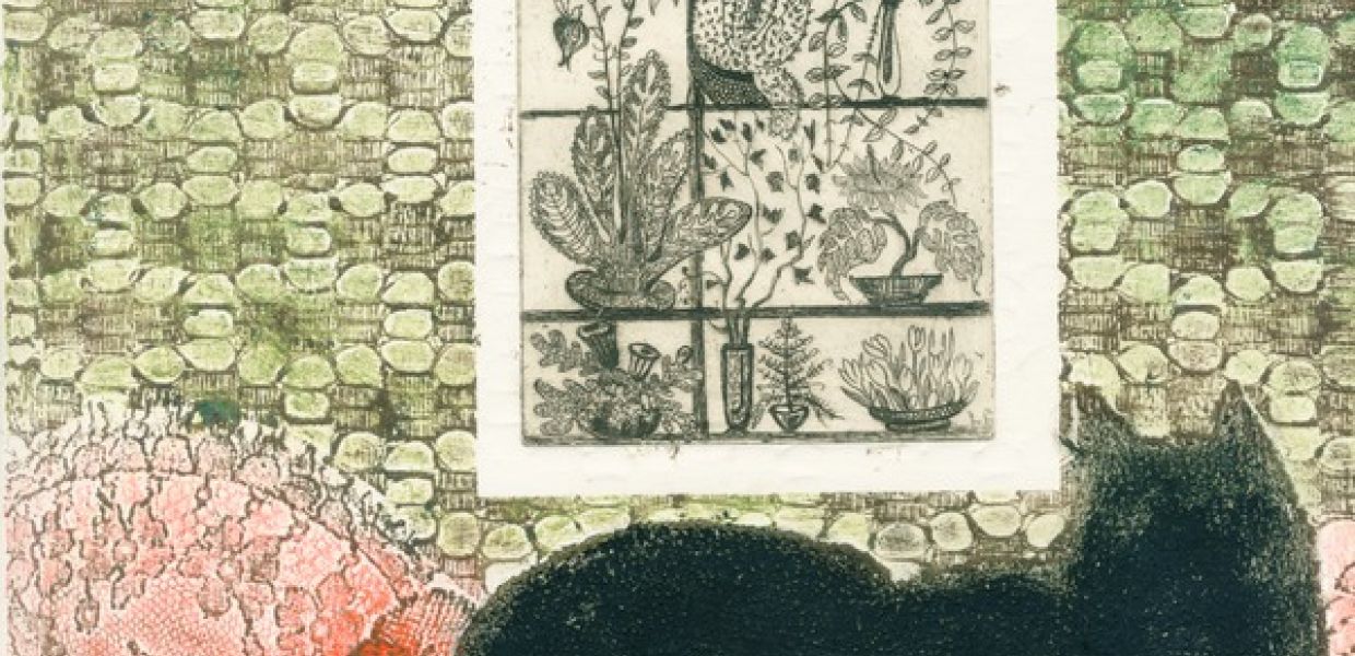 A black cat sits on a range of cushions, looking at a picture of plants