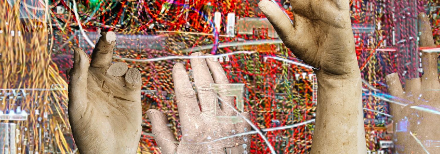 The image depicts a series of stone-like hands, fractured and cracked, reaching out in various directions from a chaotic mass of tangled wires. Some hands display broken fingers, while archival tags on others suggest anonymity and erasure. The juxtaposition of human forms and technological wires evokes themes of labor, exploitation, and the often unseen physical work behind the tech industry.